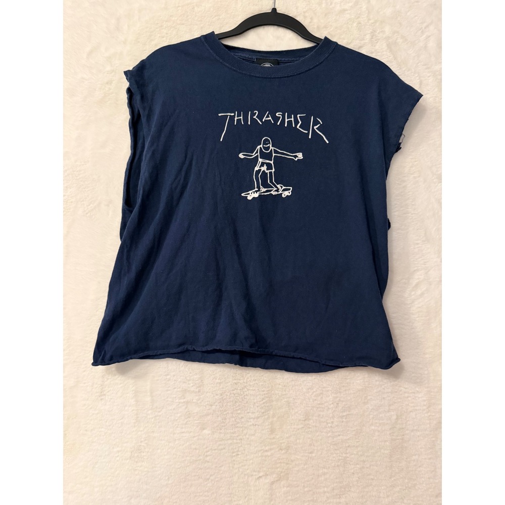 Thrasher Gonz Skateboarding Muscle Tee Navy Blue Cut Off Sleeveless Shirt Large